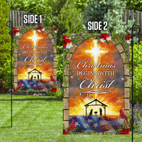 Holy Family Nativity Scene Yard Flag, Christmas Begins with Christ Garden Flag, Double-Sided Christian Christmas Lawn Flag, Xmas Present