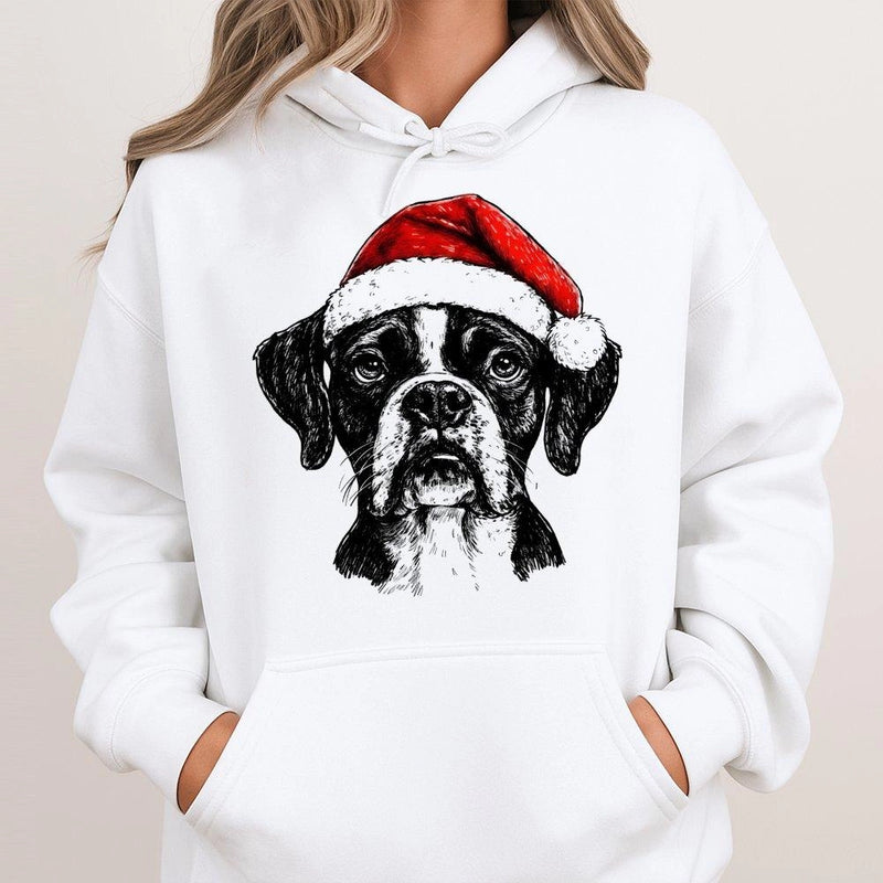 Adorable Santa Hat Dog Hoodie, Boxer Dog Christmas Hoodie, Humorous Pet Holiday Graphic Hoodie, Boxer Mom Pullover Sweatshirt, Dog Lover Xmas Present