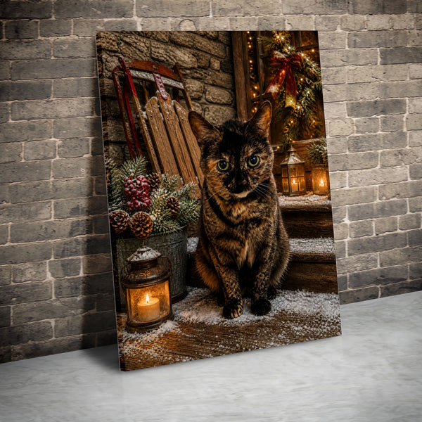 Tortoiseshell Cat Holiday Wall Art, Christmas Cat Canvas Print, Comfy Winter Cat Canvas, Rustic Christmas Porch Wall Decor, C