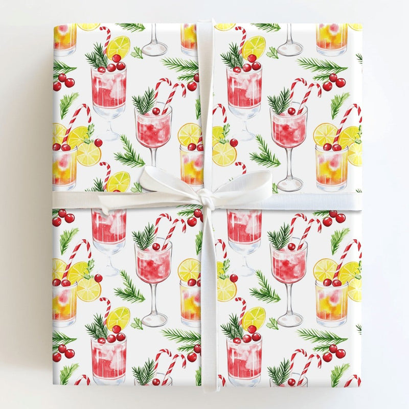 Festive Holiday Drink Gift Wrap, Christmas Cocktail Wrapping Paper, Watercolor Winter Cocktail Wrapping Paper, Xmas Party Gift Wrap Roll