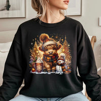 Adorable Winter Cow Crewneck, Highland Cow Christmas Sweatshirt, Snowman Cocoa Holiday Sweater, Farm Animal Pullover, Xmas Cow Sweatshirt