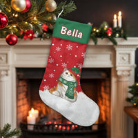 Cat with Scarf Holiday Stocking, Personalized Kitten Christmas Stocking, Snowflake Winter Pet Stocking, Adorable Fireplace Holiday Decor Present