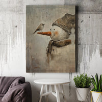 Painterly Winter Bird Carrot Nose Canvas Print, Snowman with Bird Canvas Wall Art, Christmas Holiday Decor, Festive Home Wall Art