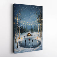 Snowy Cabin Canvas Print, Winter Ice Skating Canvas Wall Art, Fairy Lights Holiday Canvas Decor, Christmas Landscape Artwork, Winter Present