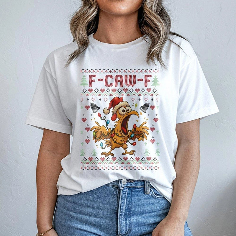 Humorous Screaming Chicken Holiday Tee, F Caw F Ugly Christmas T-Shirt, Retro Xmas Chicken Graphic Shirt, Sarcastic Christmas Party Tee