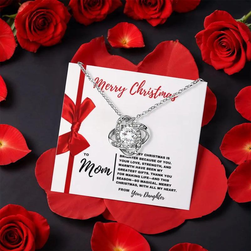 CZ Crystal Love Knot Necklace from Daughter, Christmas Love Knot Necklace for Mom, Holiday Message Card Pendant Necklace, Sentimental Present