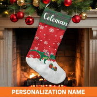 Red T-Rex Holiday Stocking, Personalized Dinosaur Christmas Stocking, Custom Name Dino Xmas Stocking, Adorable Kids Fireplace Mantle Decor
