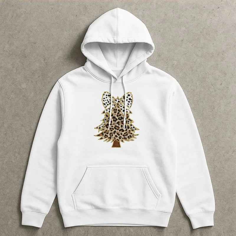 Festive Cheetah Holiday Sweatshirt, Leopard Print Christmas Tree Hoodie, Comfy Winter Tree Pullover, Trendy Xmas Graphic Hoodie