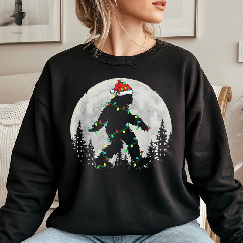 Humorous Sasquatch Lights Crewneck, Bigfoot Santa Christmas Sweatshirt, Vintage Yeti Xmas Sweatshirt, Retro Bigfoot Holiday Pullover Sweatshirt