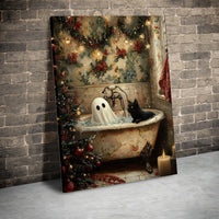 Whimsical Holiday Bathtub Art, Ghost and Black Cat Christmas Canvas, Spooky Adorable Xmas Canvas Print, Festive Bathroom Wall Decor Present