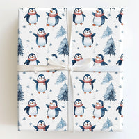 Watercolor Pine Tree Gift Wrap, Adorable Penguin Christmas Wrapping Paper, Winter Penguin Holiday Wrapping Paper, Festive Kids Gift Wrap Roll