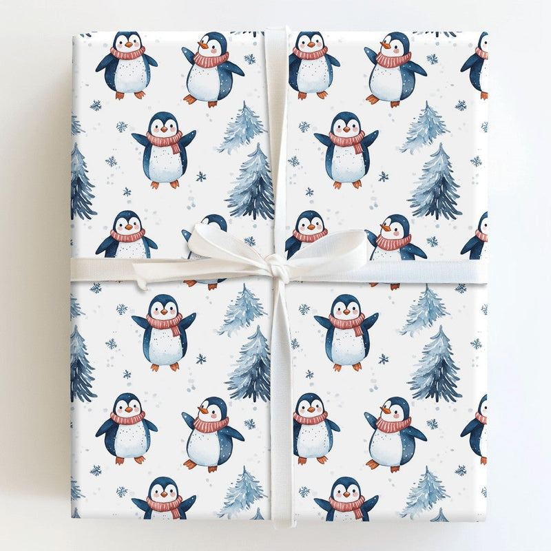 Watercolor Pine Tree Gift Wrap, Adorable Penguin Christmas Wrapping Paper, Winter Penguin Holiday Wrapping Paper, Festive Kids Gift Wrap Roll