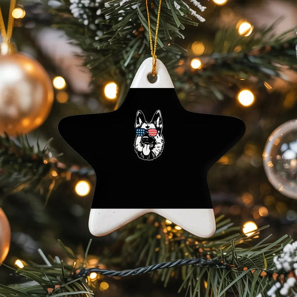 Patriotic Dog Christmas Ornament, German Shepherd Ceramic Star Ornament, USA Flag Sunglasses Ornament, Dog Lover Holiday Star