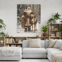 Snowy Reindeer Christmas Canvas, Vintage Santa Claus Canvas Wall Art, Winter Forest Holiday Wall Art, Retro Santa Canvas Print Present