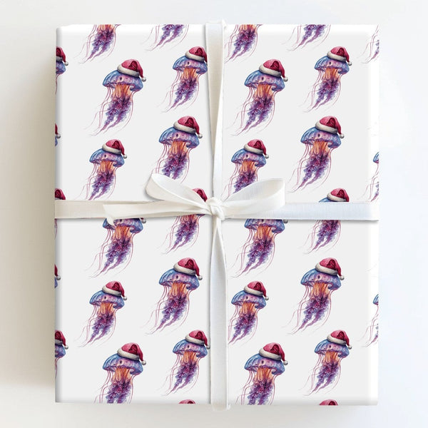 Coastal Holiday Gift Wrap, Jellyfish Christmas Wrapping Paper, Santa Hat Sea Life Present Wrap Roll, Ocean Lover Christmas Wr