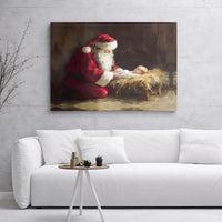 Nativity Canvas Wall Art, Santa Kneeling Before Jesus Canvas, Christian Christmas Canvas Print, Religious Faith Holiday Home Decor