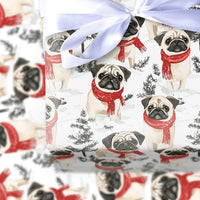 Festive Winter Scarf Pug Gift Wrap, Pug Dog Christmas Wrapping Paper, Holiday Puppy Wrapping Paper, Adorable Dog Lover Christmas Gift Wrap