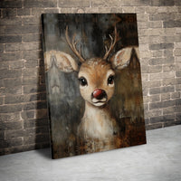 Vintage Baby Deer Canvas Print, Red Nosed Reindeer Canvas Art, Christmas Reindeer Wall Art, Holiday Deer Wall Decor, Kids Room Art Present