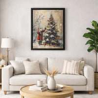 Snowy Christmas Tree Canvas Print, Vintage Santa Claus Canvas Wall Art, Nostalgic Holiday Santa Canvas Decor, Rustic Winter Wall Art Present
