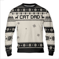Black and White Reindeer Snowflake Holiday Sweater, Cat Dad Ugly Christmas Sweater, Humorous Pet Lover Crewneck, Xmas Present for Men