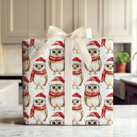 Watercolor Winter Owl Gift Wrap, Christmas Owl Wrapping Paper, Santa Hat Woodland Owl Wrapping Paper, Festive Holiday Bird Gift Wrap Roll