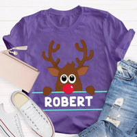 Custom Name Reindeer Holiday Graphic Tee, Personalized Christmas Elk Bow Shirt, Adorable Christmas Elk T-Shirt, Festive Winter Holiday Present