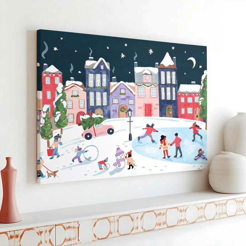 Winter Night Canvas Print, Christmas Village Canvas Wall Art, Ice Skating Town Wall Canvas, Whimsical Holiday Decor, Comfy Winter Season Present