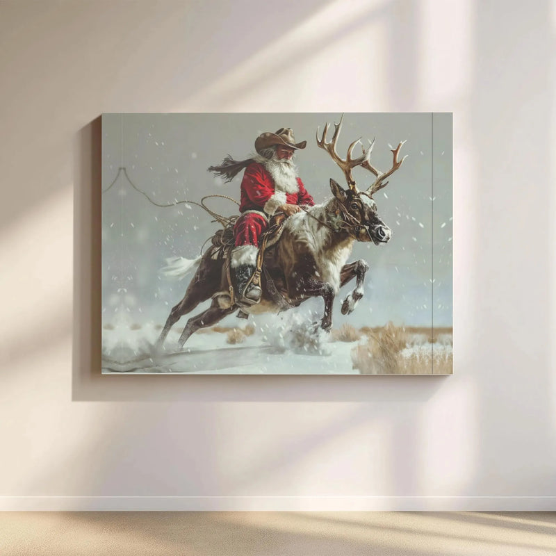 Rustic Western Christmas Wall Art, Cowboy Santa Riding Reindeer Canvas, Country Xmas Canvas Print, Holiday Canvas Decor, Western Decor Present
