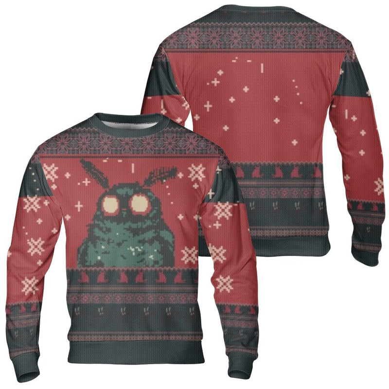 Pixel Art Cryptid Ugly Sweater, Mothman Ugly Christmas Sweater, Retro Monster Holiday Sweater, Humorous Cryptid Lover Crewneck