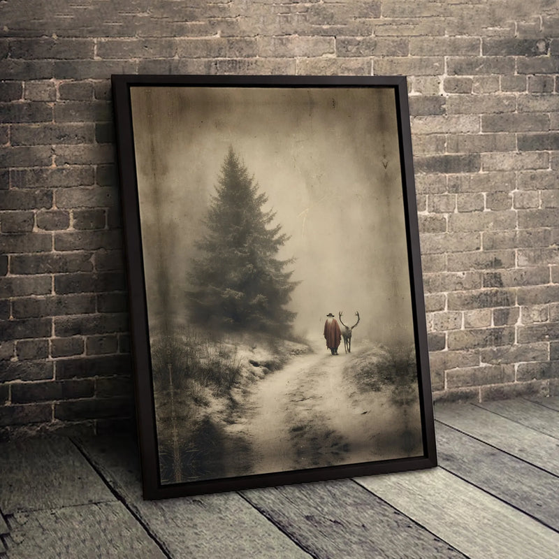 Winter Forest Canvas Print, Vintage Santa Claus with Reindeer Canvas Wall Art, Holiday Christmas Canvas Decor, Rustic Xmas Wall Art Present