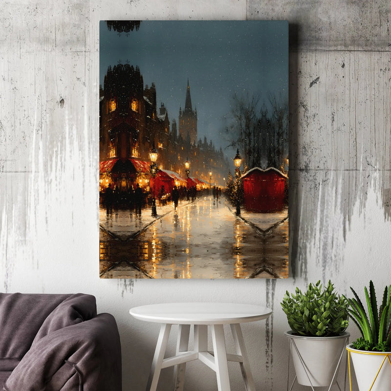 Snowy Night Town Scene Canvas Print, Christmas Market European Village Canvas Wall Art, Festive Winter Holiday Canvas Decor, Comfy Canvas Art