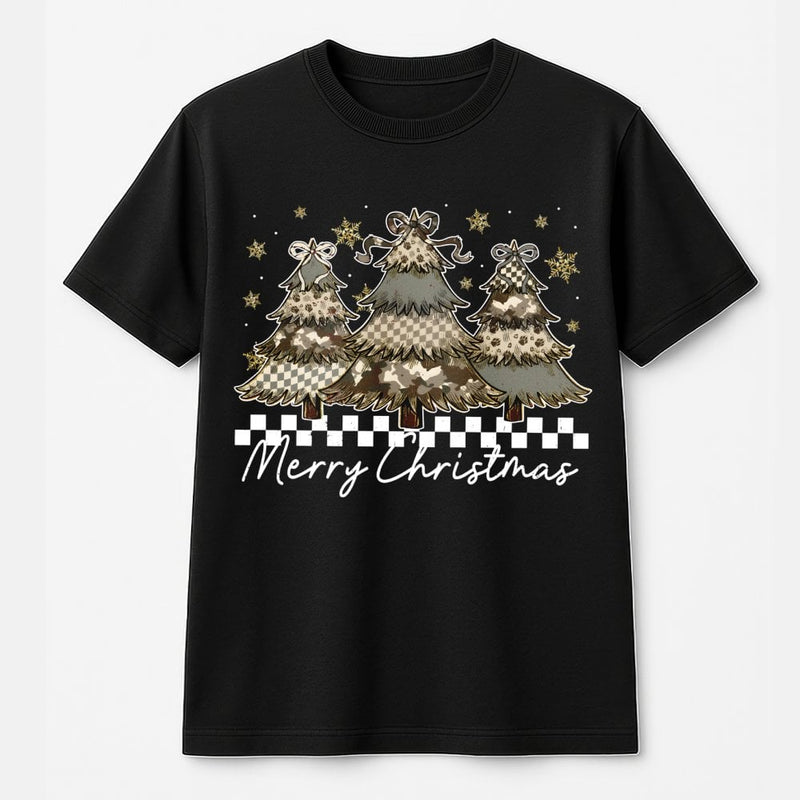 Checkerboard Christmas Shirt, Camo Christmas Tree T-Shirt, Coquette Tree Graphic Tee, Festive Christmas T-Shirt, Holiday Party Present for Her