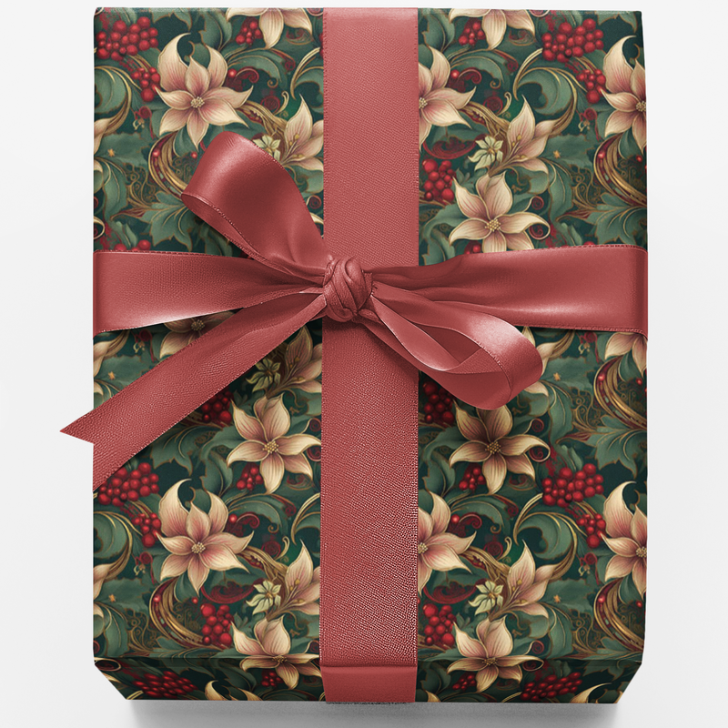 Poinsettia Floral Christmas Gift Wrap, Vintage Holly Wrapping Paper, Botanical Winter Present Wrap, Traditional Holiday Gift Wrap Roll
