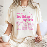 Pink Christmas Cocktail T-Shirt, Full of Holiday Spirit Shirt, Adorable Holiday Drinking Shirt, Retro Xmas Graphic Tee, Christmas Present for Her
