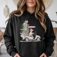 Pink Golf Cart Christmas Hoodie, Christmas Golden Retriever Hoodie, Festive Dog Lover Hooded Sweatshirt, Adorable Golfer Holiday Pullover