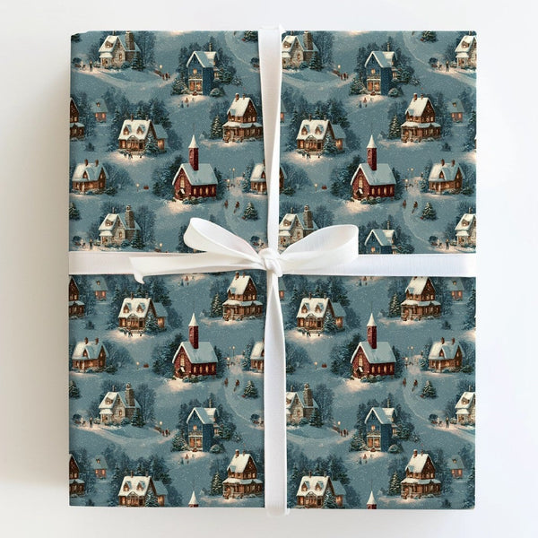 Vintage Christmas Gift Wrap, Snowy Village Wrapping Paper, Winter Town Present Paper, Comfy Holiday Gift Wrap Roll, Nostalgic