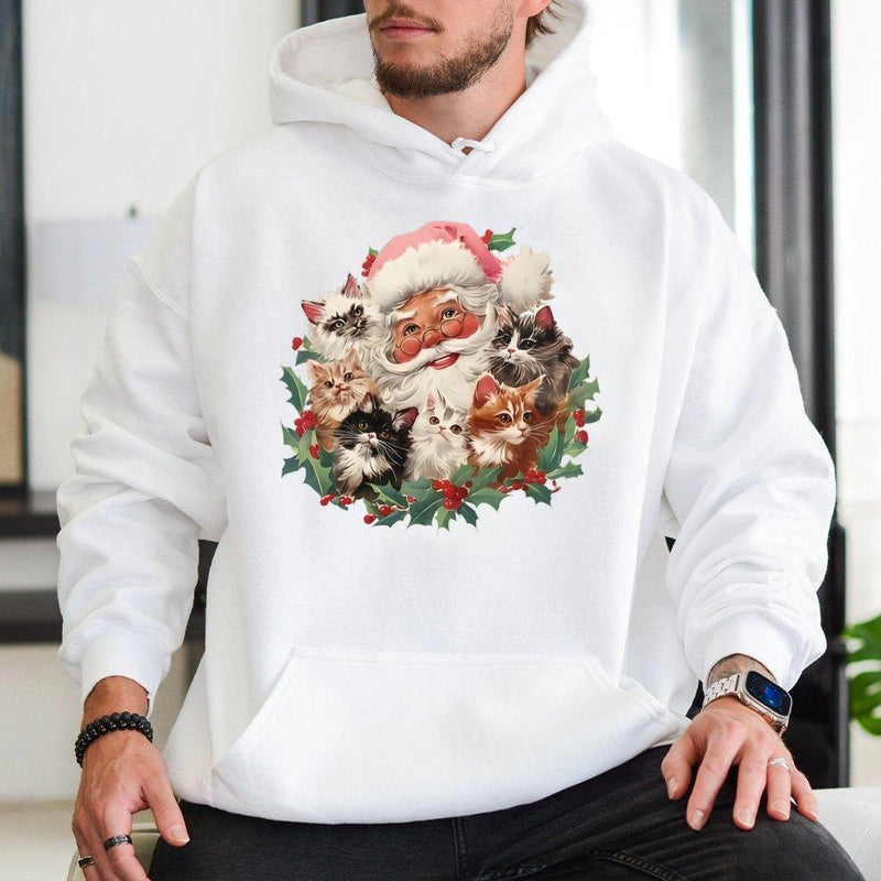 Adorable Kitten Holiday Hoodie, Santa Cats Christmas Hoodie, Retro Cat Lover Hoodie, Comfy Winter Kitty Pullover, Holiday Present for Cat Lovers