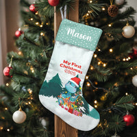 Dinosaur Santa Hat Christmas Stocking, Personalized Baby First Christmas Stocking, Adorable Dino Holiday Stocking, Baby First Xmas Keepsake Present
