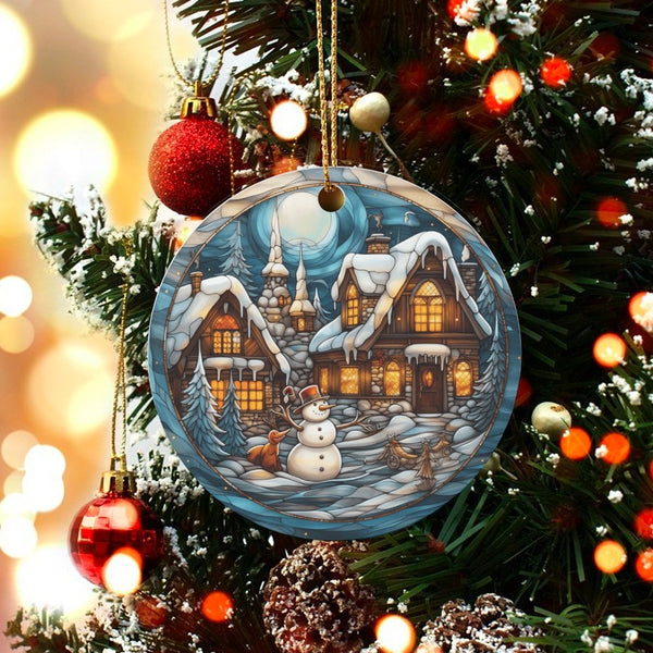 Snowman Fox Christmas Ornament, Stained Glass Winter Village Ornament, Winter Scenic Ceramic Ornament, Holiday Tree Keepsake 