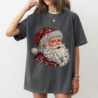 Mosaic Rhinestone Graphic Shirt, Sparkle Santa T-Shirt, Faux Glitter Christmas Tee, Festive Holiday Season Graphic T-Shirt Her