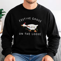 Humorous Festive Holiday Crewneck, Goose on the Loose Christmas Sweatshirt, Retro Xmas Graphic Sweater, Ugly Christmas Sweatshirt Present