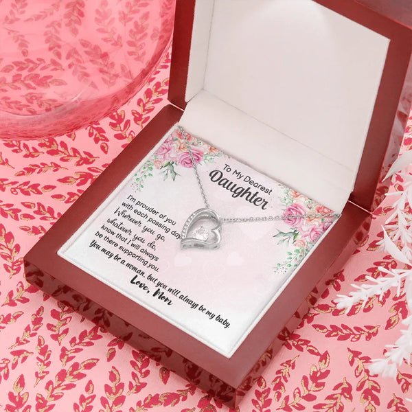 Forever Love Heart Pendant, To My Daughter Heart Necklace, 14K White Gold Finish Heart Jewelry, Birthday Present from Mom, Ch