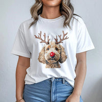 Reindeer Antlers Dog Shirt, Goldendoodle Christmas T-Shirt, Adorable Doodle Holiday Graphic Tee, Red Nose Puppy Tee, Xmas Dog Lover Shirt