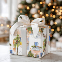 Coastal Village Holiday Gift Wrap, Mediterranean Christmas Wrapping Paper, Watercolor European Town Wrapping Paper
