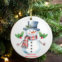 Festive Top Hat Holiday Ornament, Watercolor Snowman Christmas Ornament, Winter Snowman Tree Ornament, Ceramic Keepsake, Family Xmas Present
