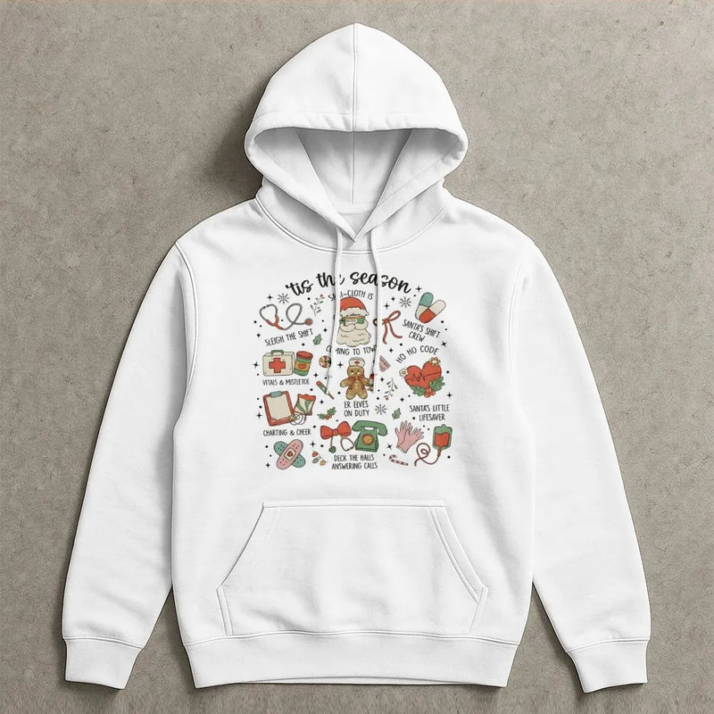 Adorable Holiday Medical Icons Hoodie, Nurse Christmas Hoodie, RN LPN CNA Winter Hoodie, Healthcare Worker Hooded Sweatshirt, Xmas Nursing Present