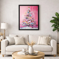 Abstract Holiday Oil Painting Canvas Print, Pink Christmas Tree Canvas Wall Art, Pink Xmas Tree Canvas Art, Festive Holiday Home Decor