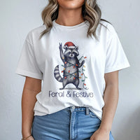 Humorous Trash Panda Xmas Shirt, Feral and Festive Raccoon Christmas T-Shirt, Retro Holiday Animal Graphic Tee, Adorable Raccoon Winter T-Shirt