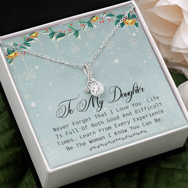 Cubic Zirconia Ribbon Pendant Necklace, To My Daughter Christmas Necklace from Mom, 14k White Gold Stainless Steel Necklace, Xmas Present
