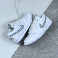 Low Top Sneakers, White Silver Colorway, Reflective Detail, Lace Up Design, Casual Gift for Sneaker Fans